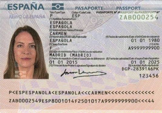 Spanish passport data page